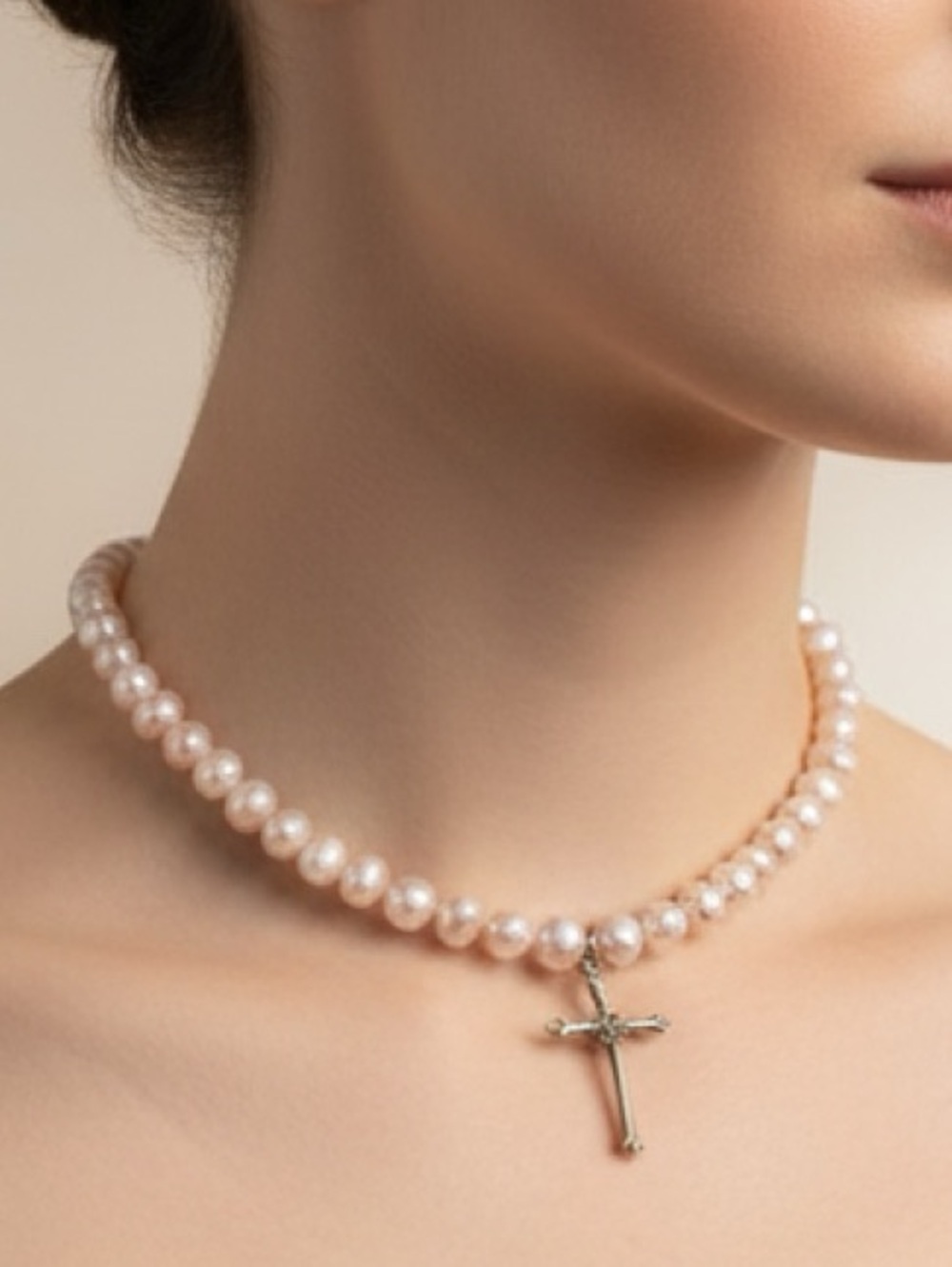 Classic Pearl Necklace with Cross Pendant